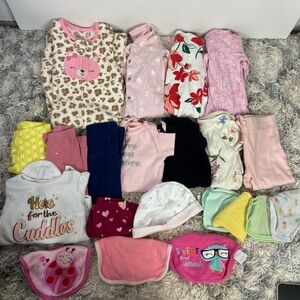 Girls 20 piece bundle lot 0–3, 6–9, 9–12, month with bibs and washcloths carters